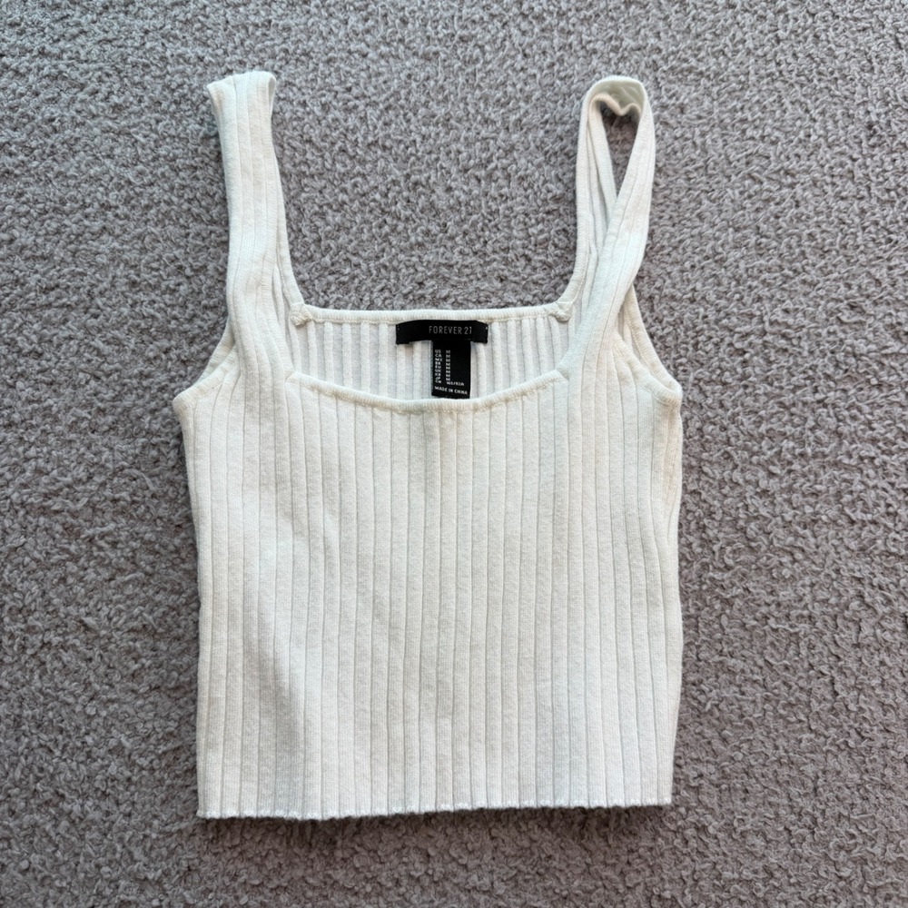 Forever 21 Women White Ribbed Knit Square Neck Tank Top Size M